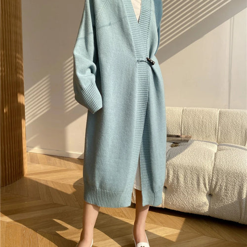 Load image into Gallery viewer, Khaki Horn Button Big Size Knitting Cardigan Sweater V-Neck Long Sleeve Women New Fashion Tide Spring Autumn 2025 1DH6439
