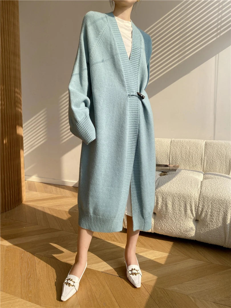 Khaki Horn Button Big Size Knitting Cardigan Sweater V-Neck Long Sleeve Women New Fashion Tide Spring Autumn 2025 1DH6439