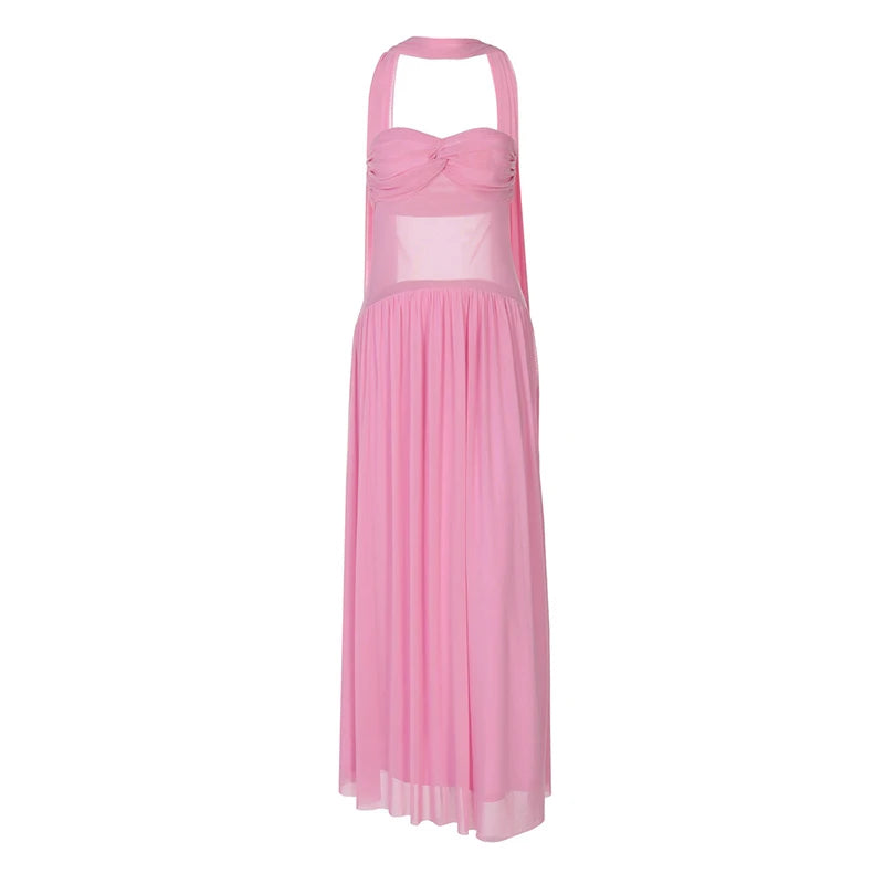 Scarf Collar Backless Sexy Maxi Dress For Women Gown Pink Strapless Off-shoulder Backless Mesh Long Dress Vestido