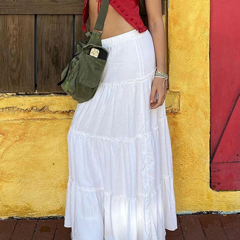 Streetwear White Loose Holidays Maxi Skirt Stitching Ruffles Ruched A-Line Summer Beach Women Skirt Long Sweet Bottom