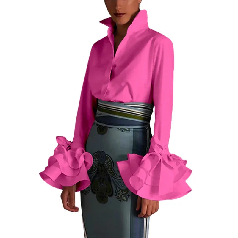 Fashion Elegant Blouses Bow-Embellished Falbala Solid Color Flared Sleeves Lapel Shirts Tops For Women