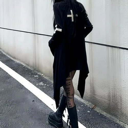 Load image into Gallery viewer, Harajuku Women Black Punk Jackets Gothic Vintage Y2k Aesthetic Loose Crucifix Printing Jacket Streetwear Grunge Irregular Tops
