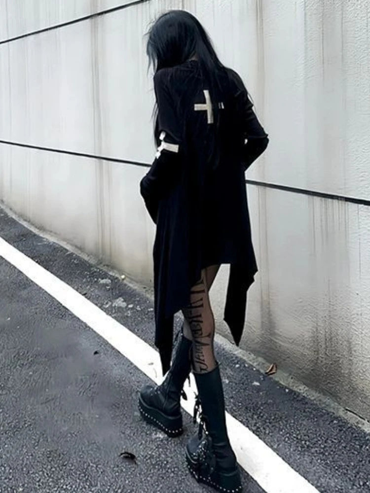 Harajuku Women Black Punk Jackets Gothic Vintage Y2k Aesthetic Loose Crucifix Printing Jacket Streetwear Grunge Irregular Tops