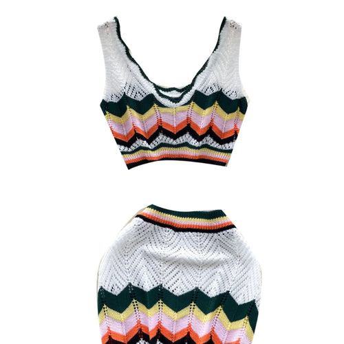 Load image into Gallery viewer, Retro Women Sets Korean Fashion White Patchwork V-neck Short Knitted Vest Tops + High Waist Wrap Hip Mini Skirts Two Piece Suits
