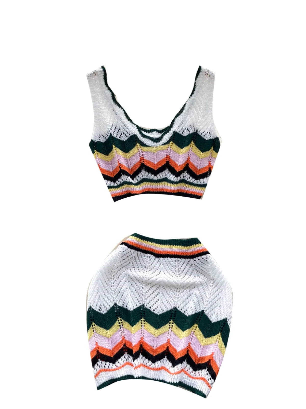 Retro Women Sets Korean Fashion White Patchwork V-neck Short Knitted Vest Tops + High Waist Wrap Hip Mini Skirts Two Piece Suits