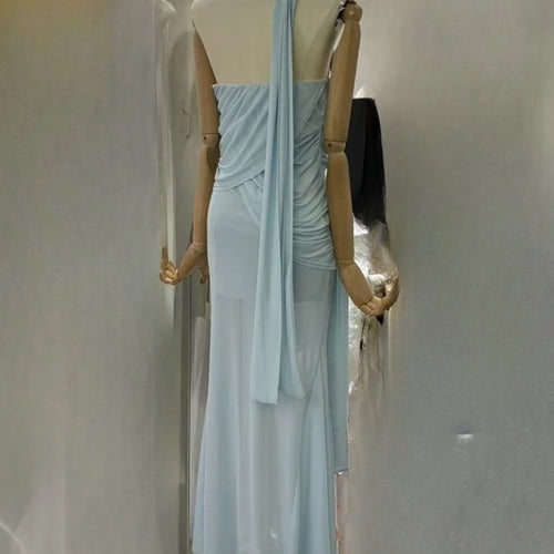 Load image into Gallery viewer, Slimming Sheer Spliced Folds Sexy Dresses for Women Strapless Sleeveless Patchwork Ribbon Elegant Dress Female New
