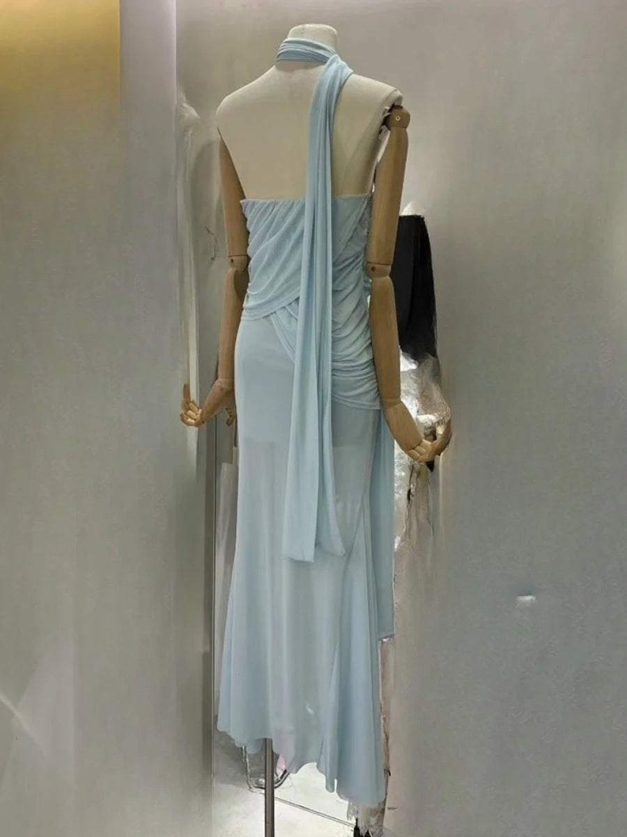 Slimming Sheer Spliced Folds Sexy Dresses for Women Strapless Sleeveless Patchwork Ribbon Elegant Dress Female New