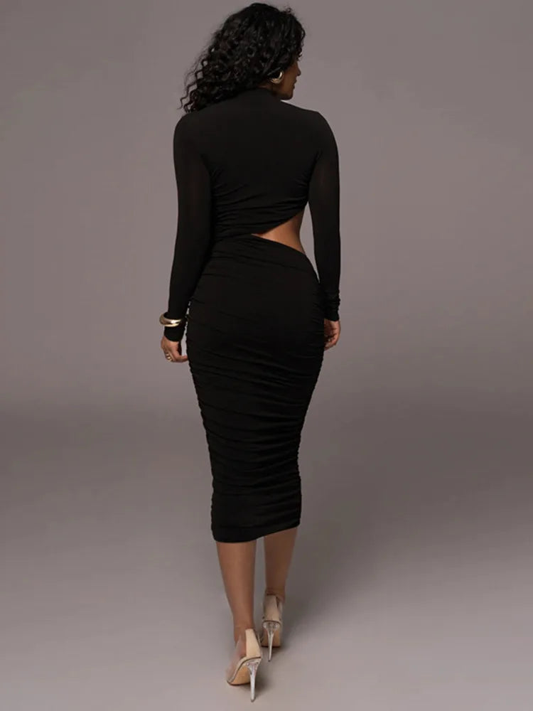 Elegant Women Long Sleeved Sexy Hollow Out Party Evening Dress Pleated Tight Elegant Formal Vestidos Autumn/winter 2025