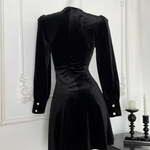 Load image into Gallery viewer, French Vintage Women New Black Diamond Velvet Long Sleeve Evening Dress Autumn Winter High Waist Elegant Party Short Dress Trend
