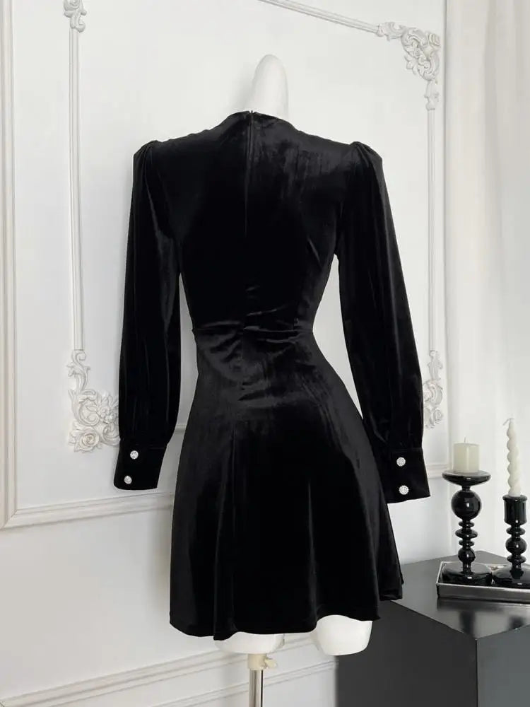 French Vintage Women New Black Diamond Velvet Long Sleeve Evening Dress Autumn Winter High Waist Elegant Party Short Dress Trend