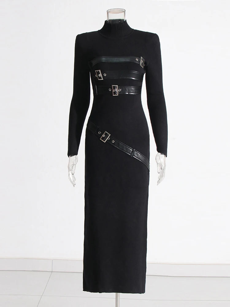 Patchwork Belt Minimalist Dresses For Women Stand Collar Long Sleeve High Waist Temperament Slimming Dress Female Fashion