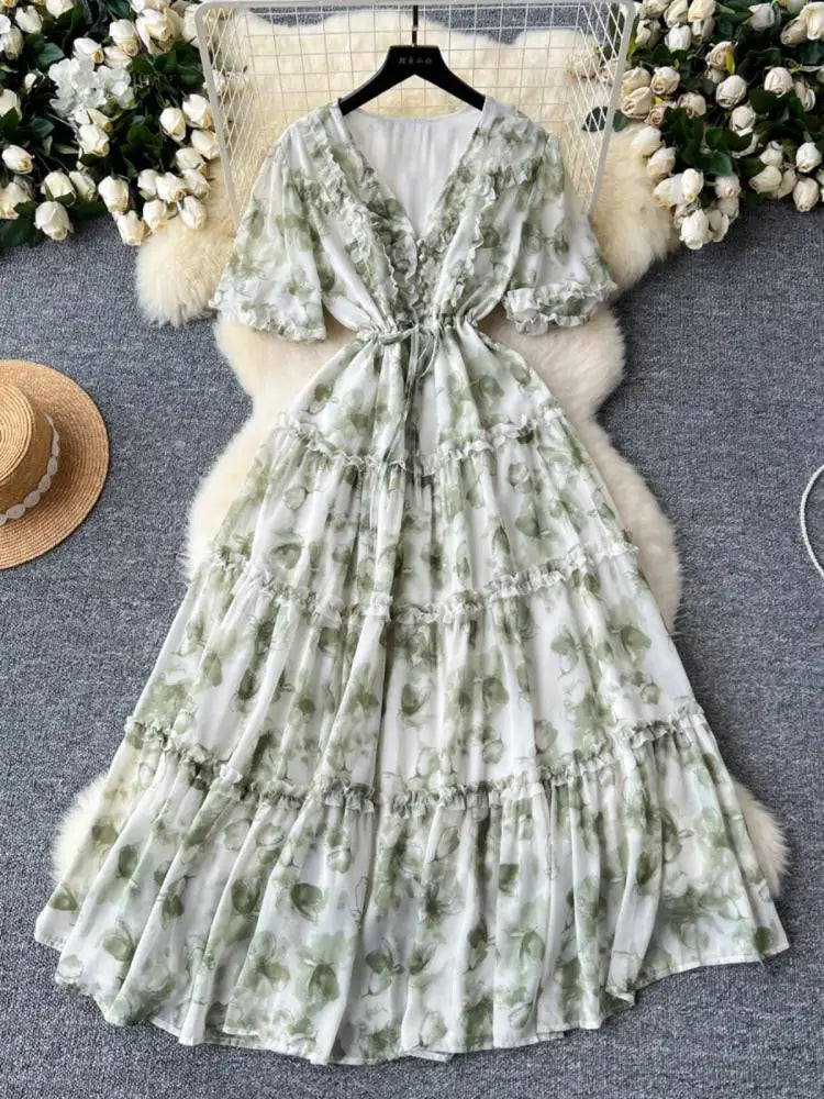 French Retro Women Floral Temperament V Neck Short Sleeved Ruffles Long Dress Summer Elegant Lace-up Party Pleated Dresses Boho