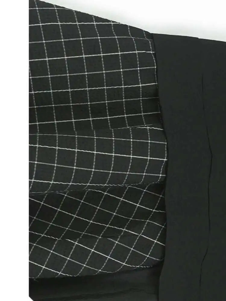 Women Black Plaid Color-block Big Size Midi Dress New Round Neck Short Sleeve Fashion Tide Spring Summer 2025 1DJ0086