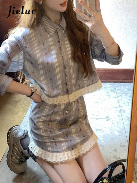 Striped Floral Polo Lace Sweet Women's Shirts Two Piece Set High Street Spell Color Fashion Female Shirt Single Breasted