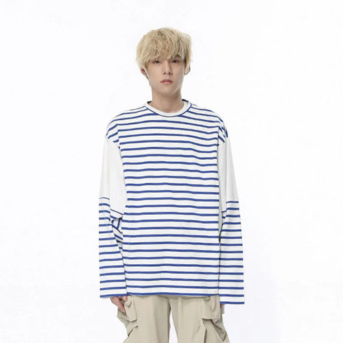 Load image into Gallery viewer, Long Sleeve Men&#39;s T-shirt Stripe Male Clothing Summer Autumn Pullover Korean Spliced Contrast Color Top 9C5179
