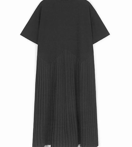Women Black Pleated Spliced Big Size Midi Dress New Round Neck Short Sleeve Fashion Tide Spring Summer 2025  1DJ0989
