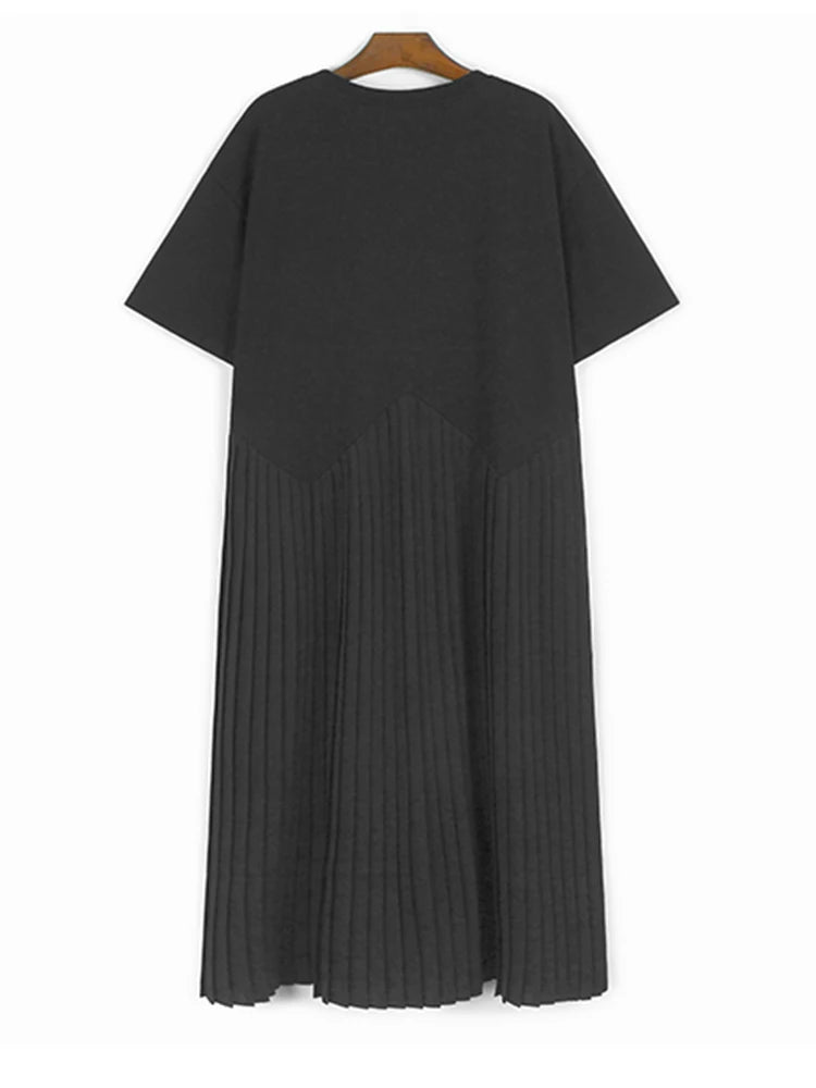 Women Black Pleated Spliced Big Size Midi Dress New Round Neck Short Sleeve Fashion Tide Spring Summer 2025  1DJ0989