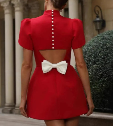 Elegant Short Sleeved Satin Slim Fit Backless  Hollow Out Bow Mini Dress For Women's Fashionable Street Party Clothing