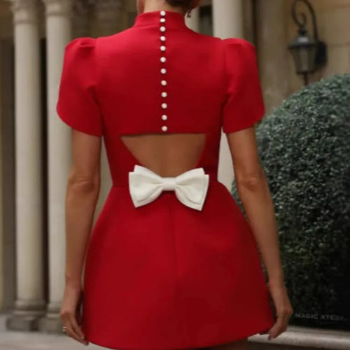Load image into Gallery viewer, Elegant Short Sleeved Satin Slim Fit Backless  Hollow Out Bow Mini Dress For Women&#39;s Fashionable Street Party Clothing
