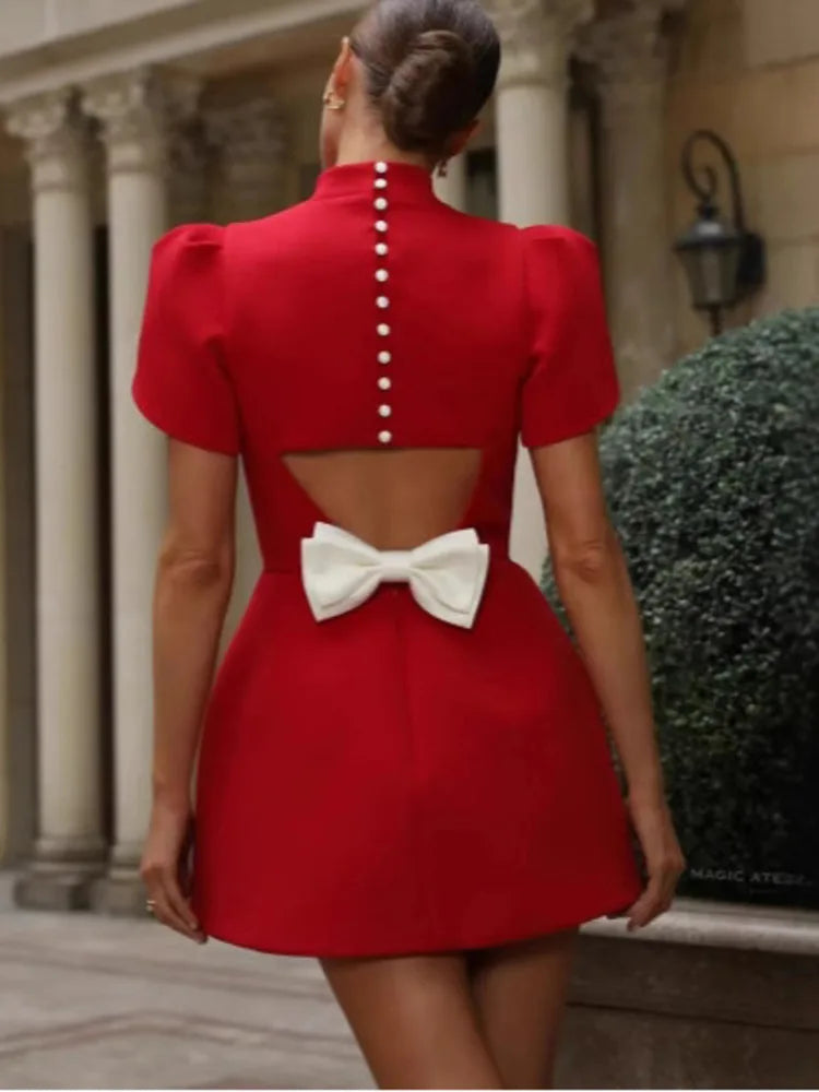Elegant Short Sleeved Satin Slim Fit Backless  Hollow Out Bow Mini Dress For Women's Fashionable Street Party Clothing