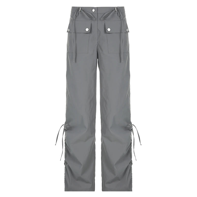 Harajuku Drawstring Women Trousers Low Waisted Solid Casual Shirring Baggy Pants Techwear Korean Straight Leg Bottoms