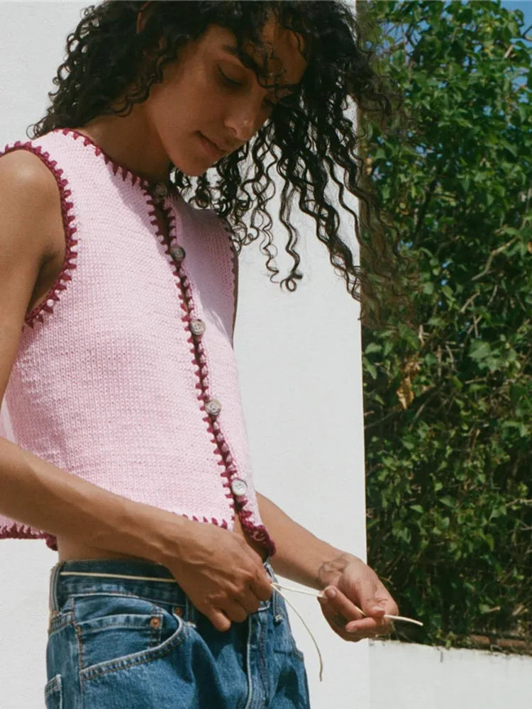 Contrast Color Knit Sweater Vest Women O Neck Single-btrasted Sleeveless Crop Tops Ladies Fashion Knitted Tops Vest