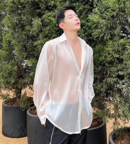 Men's Shirts Long Sleeve Design New Summer Smooth Loose Solid Color Trendy Casual Thin Male Shirt 2025 Korean Style 9W1546