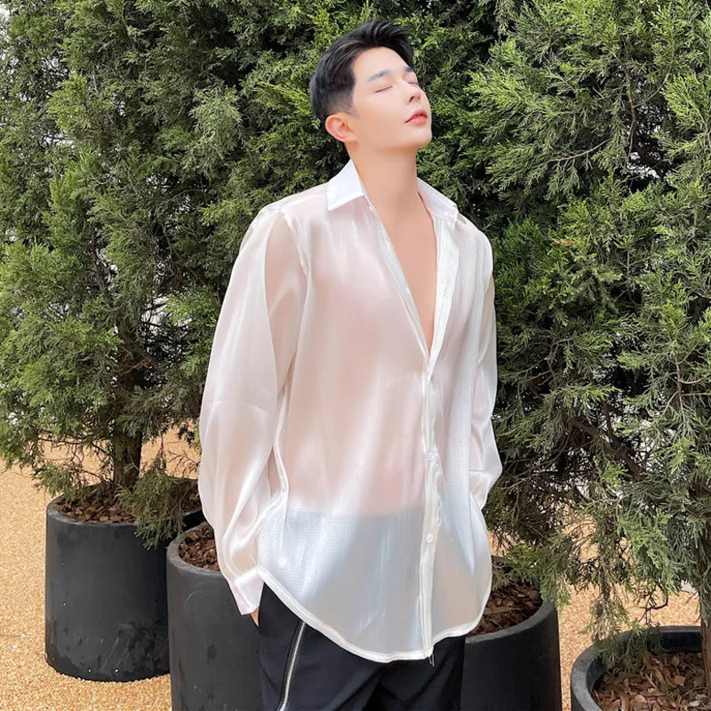 Men's Shirts Long Sleeve Design New Summer Smooth Loose Solid Color Trendy Casual Thin Male Shirt 2025 Korean Style 9W1546