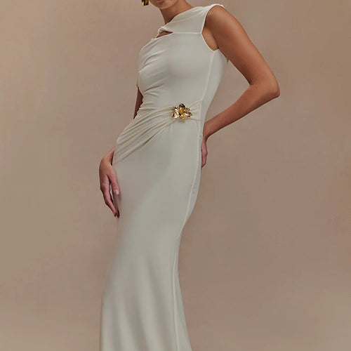 Load image into Gallery viewer, Hollow Out Gold Clasp Sexy Maxi Dress For Women Gown Solid Sleeveless Backless Ruched Bodycon Club Long Dress Elegant
