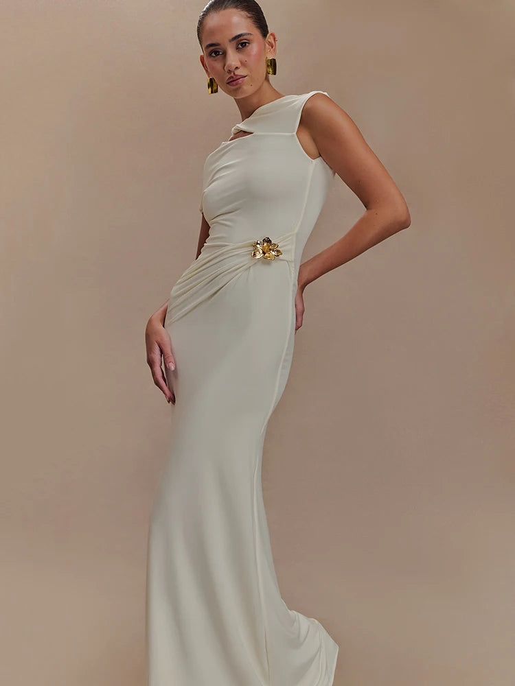 Hollow Out Gold Clasp Sexy Maxi Dress For Women Gown Solid Sleeveless Backless Ruched Bodycon Club Long Dress Elegant