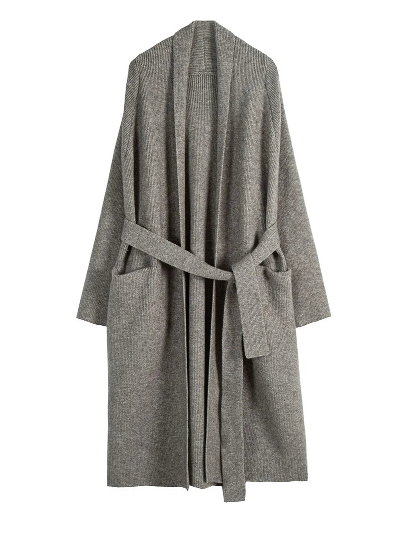 Black Belted Big Size Long Knitting Cardigan Sweater V-Neck Long Sleeve Women New Fashion Tide Spring Autumn 2025 1DH6446