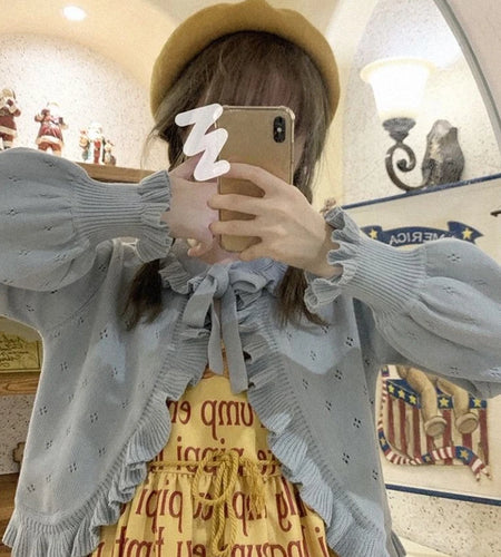 Japanese Kawaii Lolita Cardigan Women Vintage Lantern Sleeve Thin Ruffle Sweater Coat Knitted Kardigany Girls Cute Tops