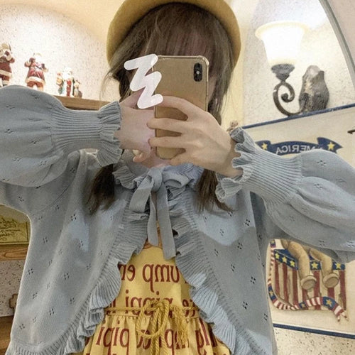 Load image into Gallery viewer, Japanese Kawaii Lolita Cardigan Women Vintage Lantern Sleeve Thin Ruffle Sweater Coat Knitted Kardigany Girls Cute Tops
