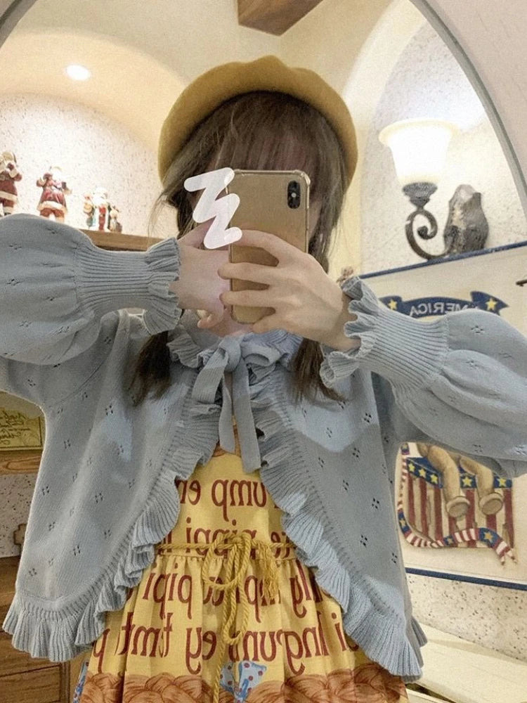 Japanese Kawaii Lolita Cardigan Women Vintage Lantern Sleeve Thin Ruffle Sweater Coat Knitted Kardigany Girls Cute Tops