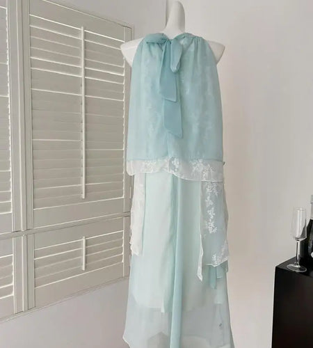 Summer French Vintage Blue Patchwork Lace Elegant Party Dress Women Round Neck Sleeveless Ruffle Edge Off Shoulder Pleated Dress