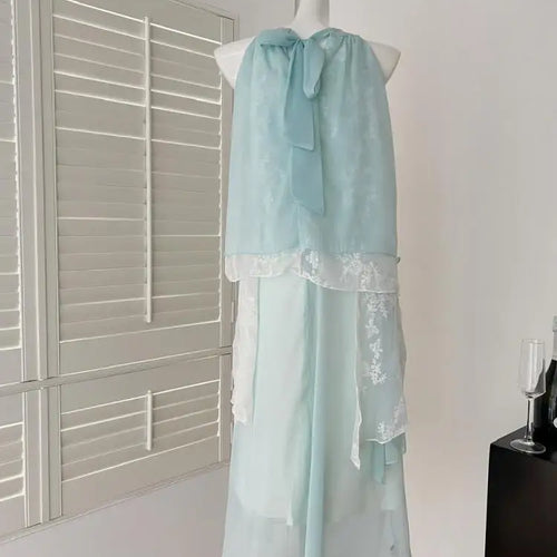 Load image into Gallery viewer, Summer French Vintage Blue Patchwork Lace Elegant Party Dress Women Round Neck Sleeveless Ruffle Edge Off Shoulder Pleated Dress
