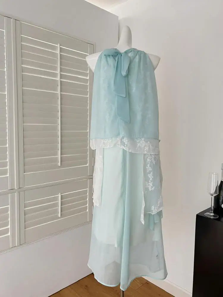 Summer French Vintage Blue Patchwork Lace Elegant Party Dress Women Round Neck Sleeveless Ruffle Edge Off Shoulder Pleated Dress