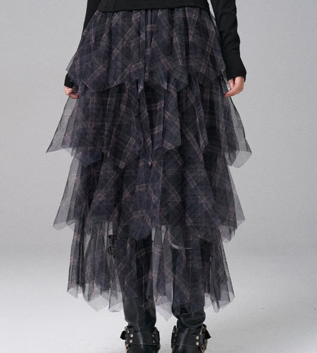 High Elastic Waist Black Plaid Irregular Layers Mesh Cake Half-body Skirt Women Fashion New Spring Autumn 2025 1DJ0382