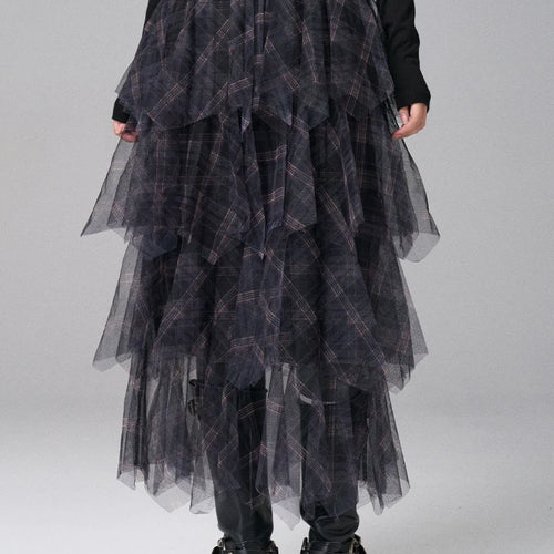 Load image into Gallery viewer, High Elastic Waist Black Plaid Irregular Layers Mesh Cake Half-body Skirt Women Fashion New Spring Autumn 2025 1DJ0382
