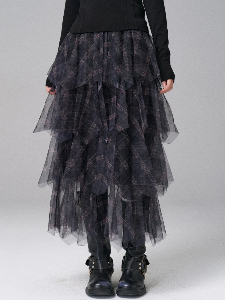 High Elastic Waist Black Plaid Irregular Layers Mesh Cake Half-body Skirt Women Fashion New Spring Autumn 2025 1DJ0382