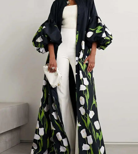 Elegant Floral Printed Stand Collar Shirts Long Dresses Womens Spring Lantern Sleeves Single-Breasted Trench Coats