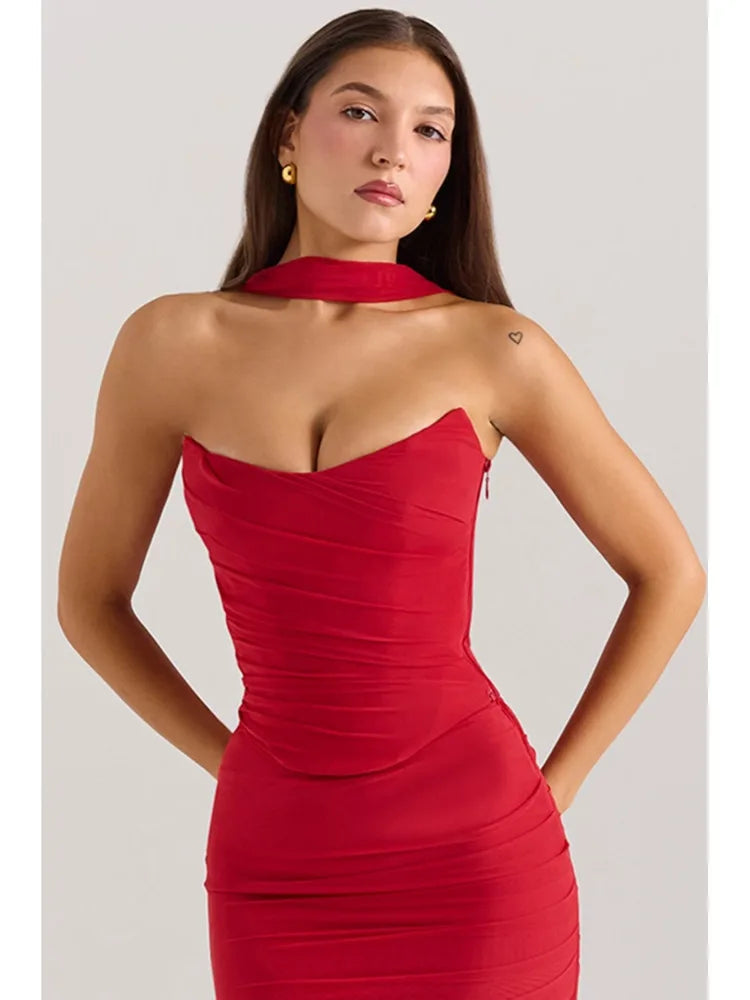 Elegant Strapless Top Half Long Skirt Set Women Sexy Backless Scarf Two-piece Set Party Club Evening Dress Spring 2025