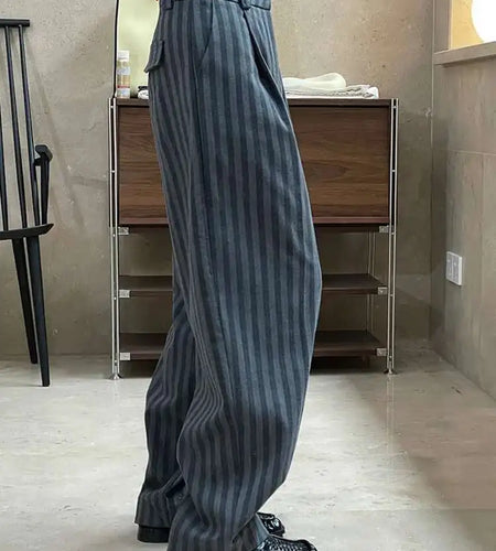 High Waist Gray Striped Pleated Long Casual Pants New Loose Fit Trousers Women Fashion Tide Spring Autumn 2025 1DF4435