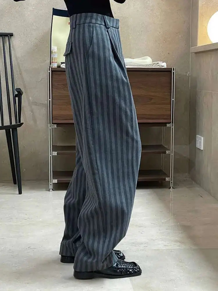 High Waist Gray Striped Pleated Long Casual Pants New Loose Fit Trousers Women Fashion Tide Spring Autumn 2025 1DF4435