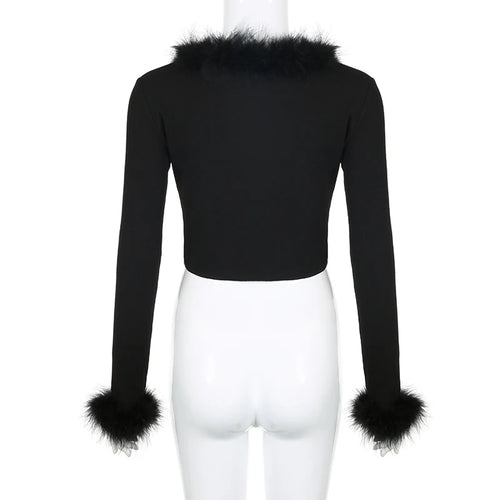 Load image into Gallery viewer, Fashion Fluffy Skinny Sexy Party T-shirts Women Tie Up Slit Tie Up Faux Fur Trim Collar Elegant Autumn Crop Top Tees
