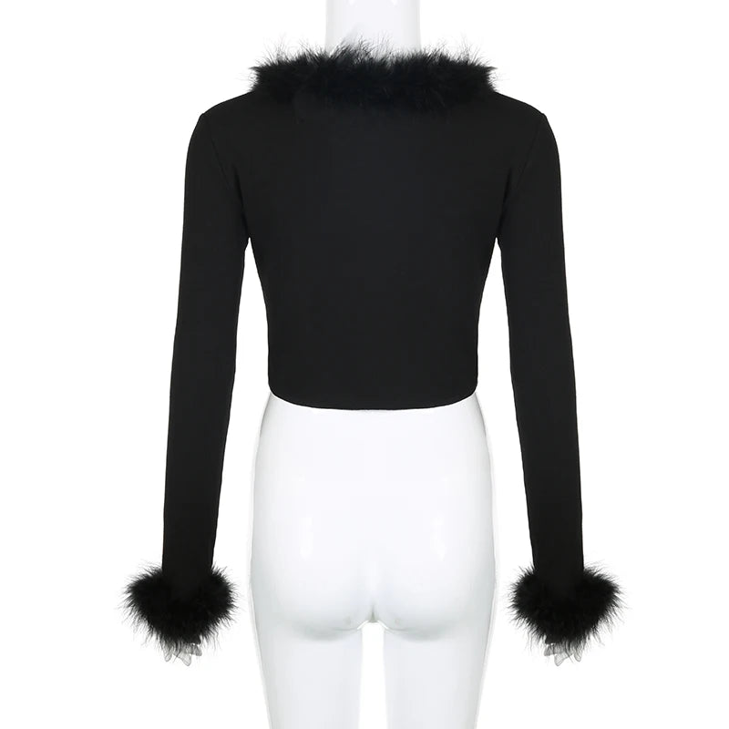 Fashion Fluffy Skinny Sexy Party T-shirts Women Tie Up Slit Tie Up Faux Fur Trim Collar Elegant Autumn Crop Top Tees
