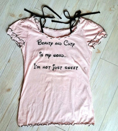 Sweet Woman T Shirts Y2k Tops Short Sleeve O-neck Bandage Tees Letter Print Ruffles Camisetas Chic Casual Tshirt Women Clothes