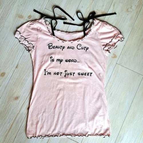 Load image into Gallery viewer, Sweet Woman T Shirts Y2k Tops Short Sleeve O-neck Bandage Tees Letter Print Ruffles Camisetas Chic Casual Tshirt Women Clothes
