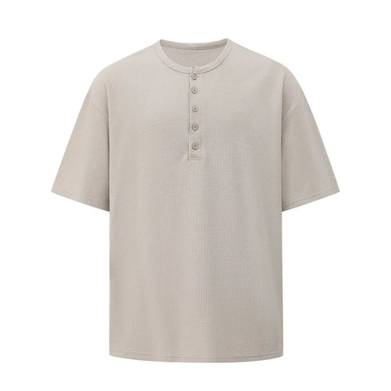 Men's Short Sleeve T-shirt New Summer Loose Solid Color T-shirts Korean V-neck Half Buttons Trendy Male Clothing 9W1616