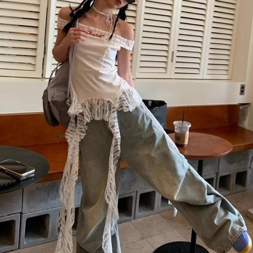 Load image into Gallery viewer, Slash Neck Fairy Grunge Tops Vintage Harajuku Irregular Patchwork Lace T-shirt Women Y2k Aesthetics Sexy Letter Embroidery Tees
